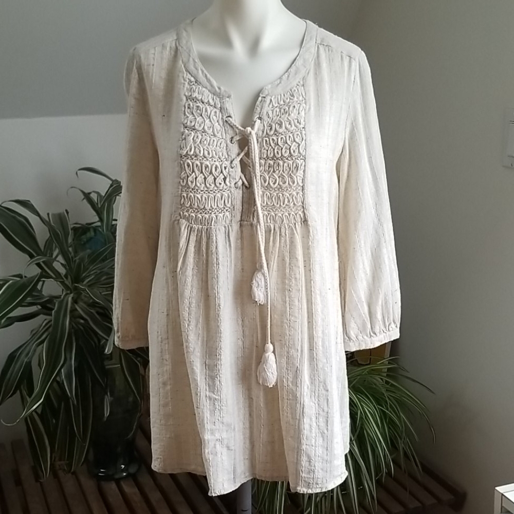 Monoreno BOHO Ecru Cotton 3/4 sleeve Tunic Top